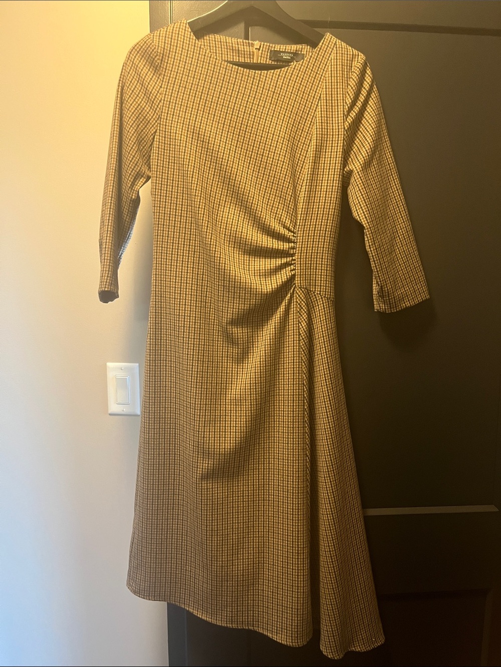MaxMara Mustard Check Long-Sleeve Sheath Dress